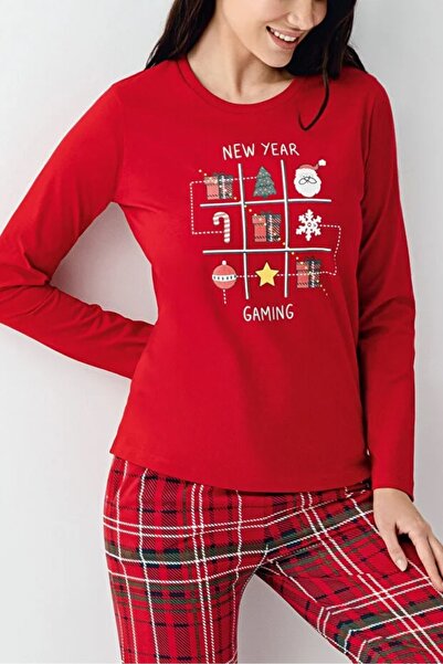 Arnetta 100% Cotton Christmas Themed Circular Neck Long Sleeve Bottom Plaid Pattern Women's Pajama Set