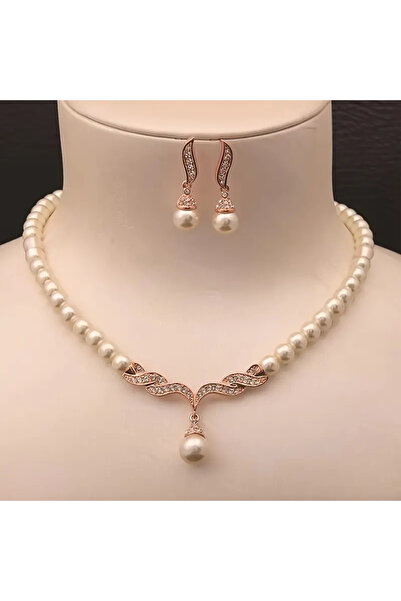 Zümrüt Elegant Pearl Detailed Necklace and Earring Set