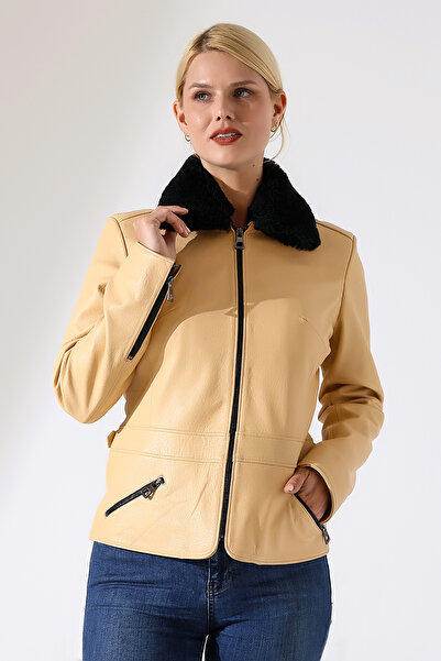 By Marki Marki Kadın Hakiki Deri Ceket Bej 58 cm Çıkarılabilir Kürklü Yaka, Y...