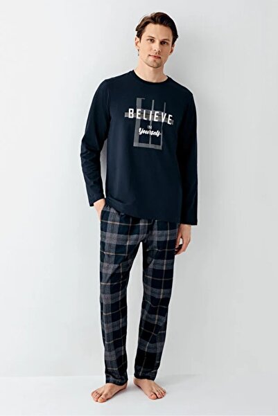 Arnetta %100 PAMUK BİSİKLET YAKA UZUN KOLLU ALTI EKOSE DESEN ERKEK PİJAMA TAKIM