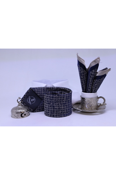 B'lazzotti Woven Handkerchief Tie for Men Navy Blue Beige