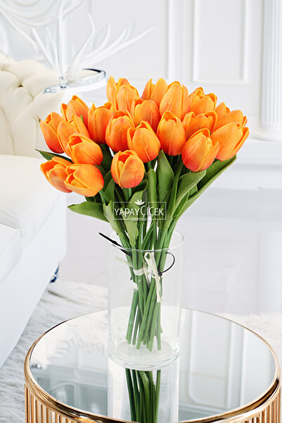 Yapay Çiçek Deposu Yapay 8li Islak Lale Buketi Gerçek Doku Turuncu