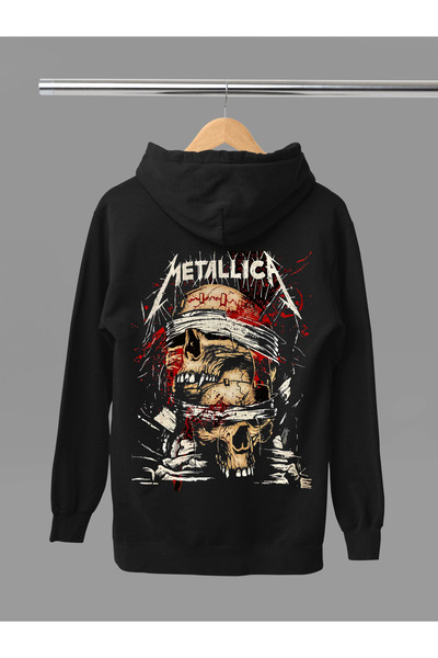 MAGORS سترة روك قطنية مطبوعة بتصميم ميتاليكا بأكمام طويلة وياقة مطوية بثلاث خيوط