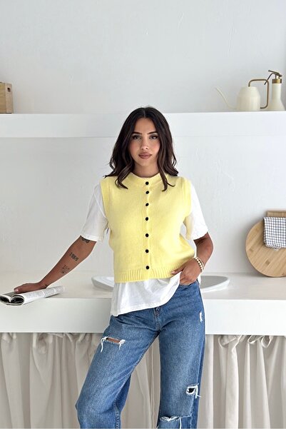 Noi Belis Basic Crop Boy Soft Textured Crew Neck Knitwear Vest Aw25Yl0006