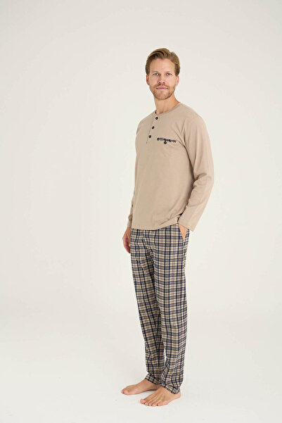 KLY Men's Buttoned Collar Plaid Patterned Pajama Set Luxury Design