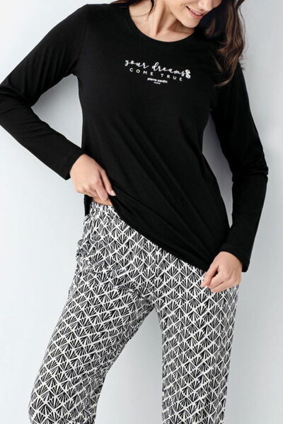 Pierre Cardin Bisiklet Yaka, Cepli, Kadın Pijama Takımı, Uzun Kollu, Siyah, %50 Pamuk, %50 Modal, Desenli