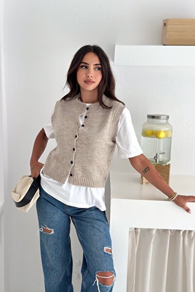 Noi Belis Basic Crop Boy Soft Textured Crew Neck Knitwear Vest Aw25Yl0006