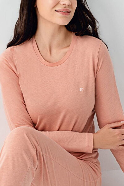 Pierre Cardin Kadın Pijama Takımı, Bisiklet Yaka, Cepli, Uzun Kollu, Pembe, %50 Pamuk, %50 Modal