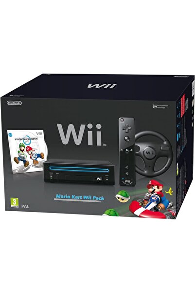 Nintendo وحدة تحكم Wii (أسود) مع لعبة Mario Kart Wii: تتضمن عجلة Wii وجهاز تحكم Wii Plus