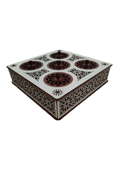 tree and flower Wooden nut tray made of MDF wood, decorated with a modern and elegant design in beige and brown.