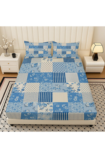 3D ELSE HALI Blue and White Patterned Elastic Double Bed Sheet Set with Pillowcases 160X200Cm