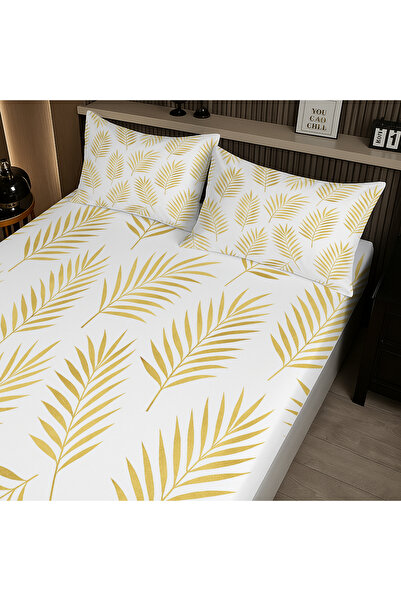 Else Dekor Gold Palm Leaf Patterned Elastic Double Bed Sheet Set with Pillowcases 160X200Cm