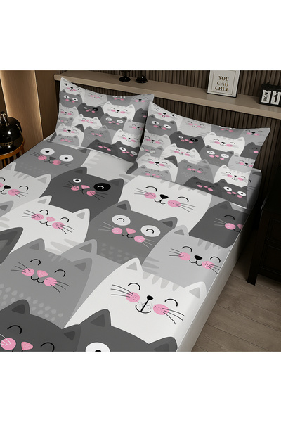 3D ELSE HALI Gray and White Cats Patterned Elastic Double Sheet Set with Pillowcases 160X200Cm