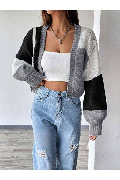 glztriko Women's Loose Fit Off Shoulder Three Color Block Cardigan Sweater Glz046