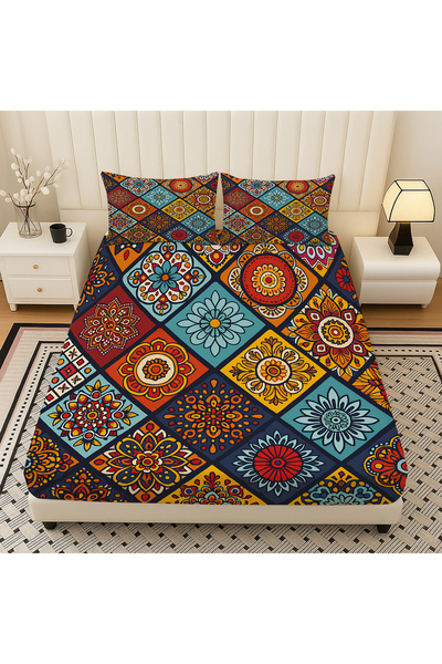 Else Dekor Colorful Tiles Ethnic Patterned Elastic Double Bed Sheet Set with Pillowcases 160X200Cm