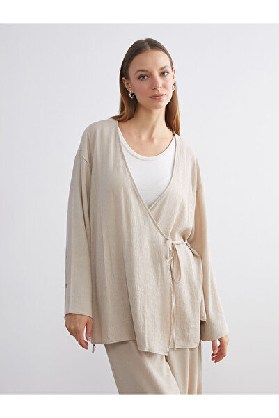 LC Waikiki Beige Double Breasted Collar Textured Women's Kimono