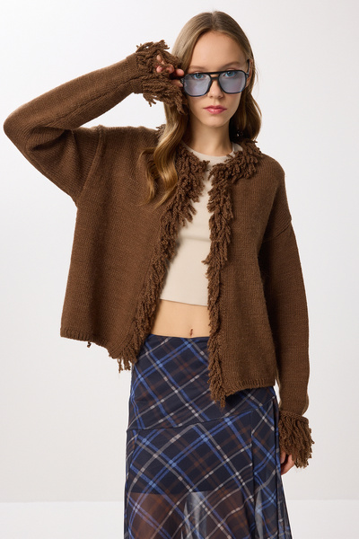 Lovelyİstanbul Fringed Knitwear Cardigan Lki̇0040 Brown