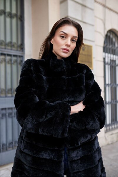 Levin Peak Monarchella Gerçek Kürk Kaban Siyah