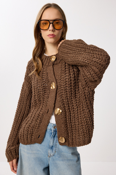 Lovelyİstanbul Gold Buttoned Knit Cardigan Lki̇0042 Brown