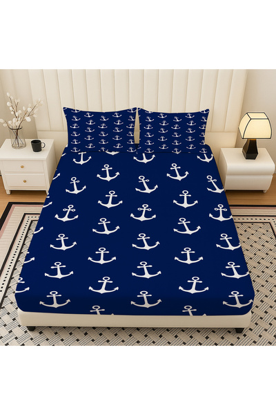 3D ELSE HALI Blue Sailor Anchor Patterned Elastic Double Sheet Set with Pillowcases 160X200Cm