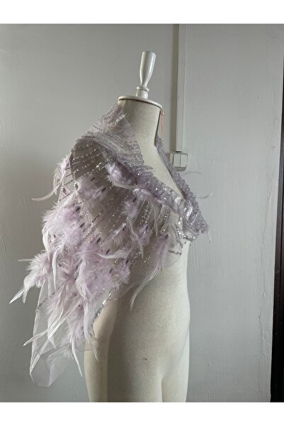 Nurcanilirboutique Otriş tüy boncuk işlemeli üzerine atmalık mini omuz şalı