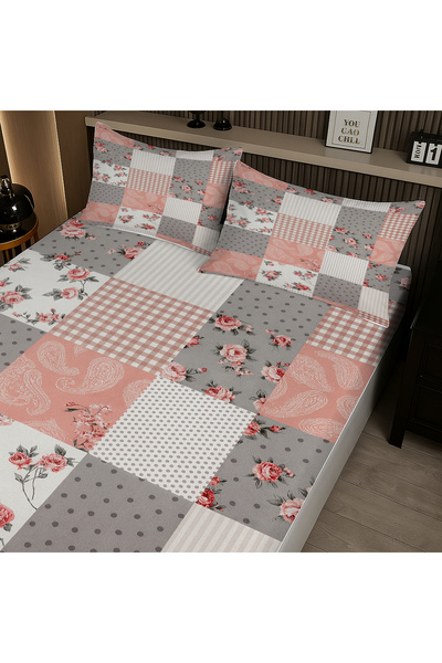 3D ELSE HALI Gray Pink Retro Floral Pattern Elastic Double Bed Sheet Set with Pillowcases 160X200Cm