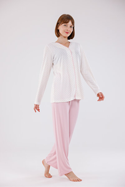 Yulem Homewear Powder-Colored Button-Front Polka Dot Plus Size (Oversized) Long Sleeve Cotton Pajama Set
