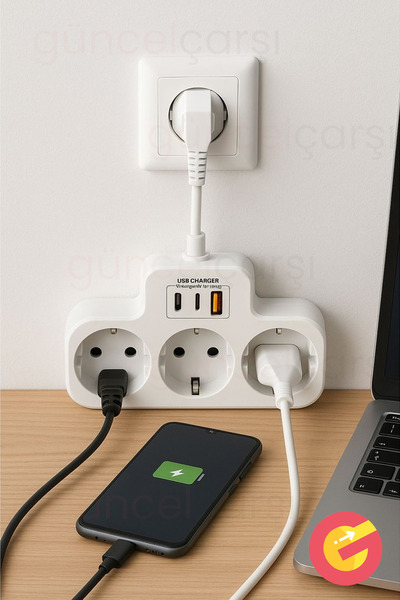 GüncelÇarşı Yüksek Voltaj Korumalı Priz, Duvar Tipi Grup Priz Çoğaltıcı, 3x Priz 2x, Type-C, 1x Usb, 16A, 3680W