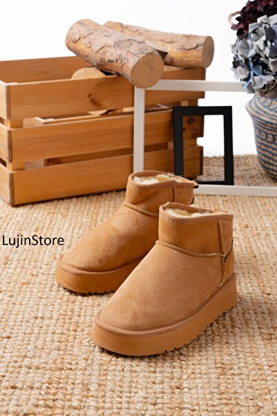 ljn lujinstore LujinStore Kadın Kalın Taban İçi Kürklü Yarım Bot Tefis Süet