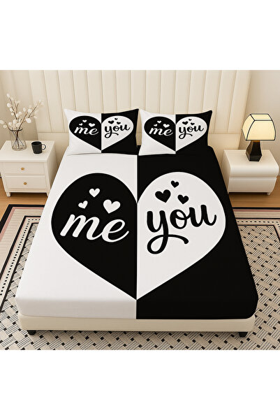 3D ELSE HALI Black and White Heart Patterned Elastic Double Bed Sheet Set with Pillowcases 160X200Cm