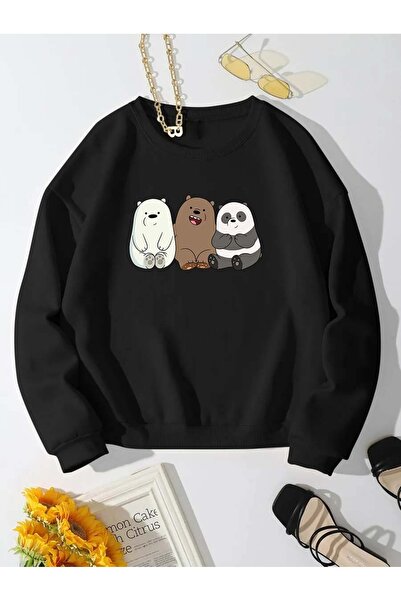 Trend Sizde Unisex Black Bear Brothers Printed Crew Neck Sweatshirt