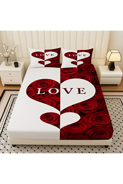 3D ELSE HALI Red and White Heart Love Floral Pattern Elastic Double Bed Sheet Set with Pillowcases 160X200Cm