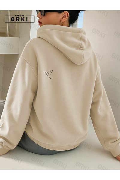 EFFRENATU Women's Oversize Hoodie Beige – Birdline Minimal Bird Detail, Relax Fit