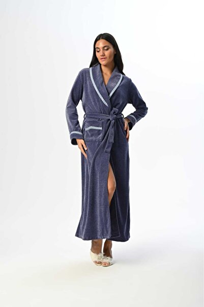 Lohusa Homewear فستان نسائي شتوي طويل بتصميم خاص من المخمل الأزرق مع ياقة شال...