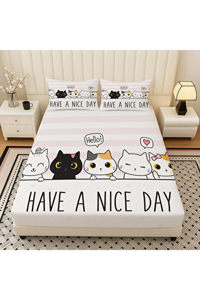 Else Dekor Tiny Cat Patterned Elastic Double Bed Sheet Set with Pillowcases 160X200Cm