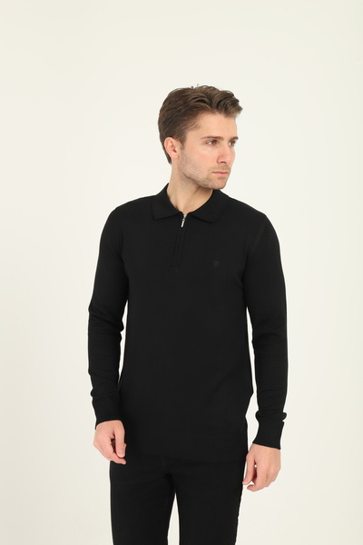 Mavi Soles سترة تريكو سادة بياقة بولو ونصف سحاب باللون الأسود - مقاس قياسي