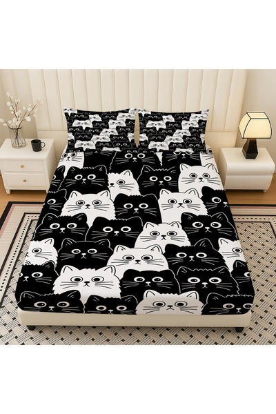 3D ELSE HALI Black and White Cats Patterned Elastic Double Sheet Set with Pillowcases 160X200Cm