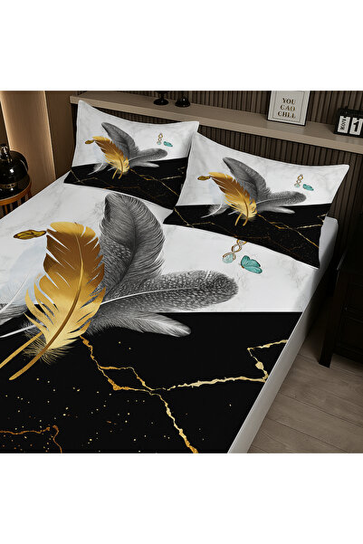 Else Dekor طقم ملاءات سرير مزدوجة مرنة بنمط ريش ملون مع غطاء وسادة 160×200 سم