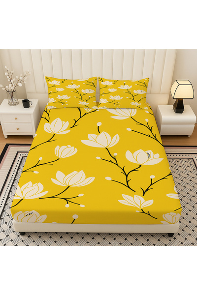 3D ELSE HALI Yellow and White Flowers Patterned Elastic Double Bed Sheet Set with Pillowcases 160X200Cm