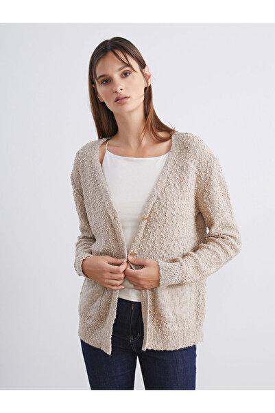 LC Waikiki Beige V-Neck Textured Women's Knitwear Cardigan