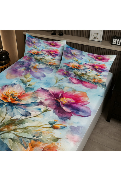3D ELSE HALI Watercolor Floral Pattern Elastic Double Bed Sheet Set with Pillowcases 160X200Cm