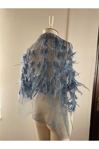 Nurcanilirboutique Otriş tüy boncuk işlemeli üzerine atmalık mini omuz şalı