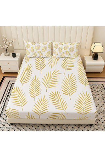 Else Dekor Gold Palm Leaf Patterned Elastic Double Bed Sheet Set with Pillowcases 160X200Cm
