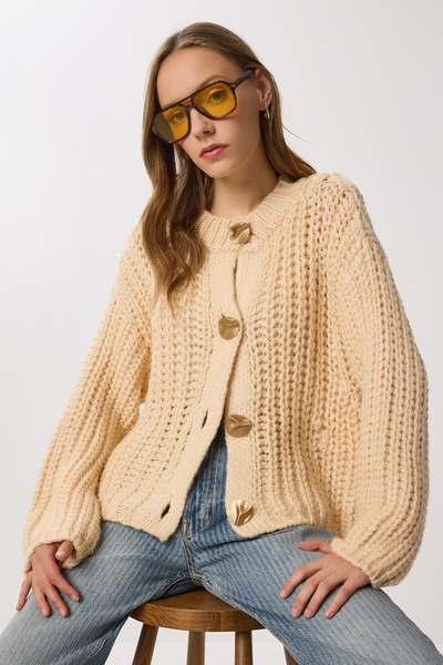 Lovelyİstanbul Gold Buttoned Knitwear Cardigan Lki̇0042 Cream