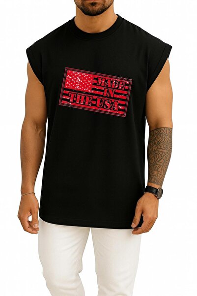 Bahriyeli Collection Oversize United States Rubber Stamp Drawing Chest Design Tank Top
