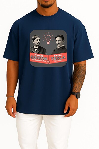 Bahriyeli Collection supradimensionat Nikola Tesla Thomas Edison Războiul curentilor Design pe piept Unisex tricou