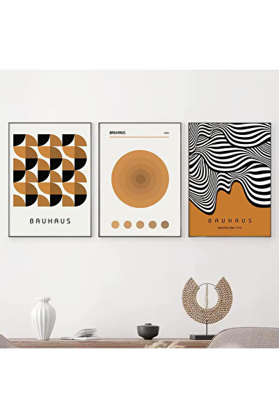 Linacci Set of 3 Black Metal Frame Orange Bauhaus Real Glass Paintings