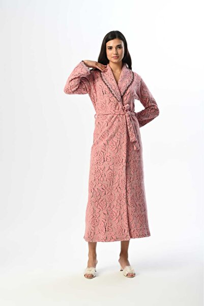 Lohusa Homewear فستان نسائي شتوي طويل من الجاكار الوردي ذو ياقة شال وتصميم خا...