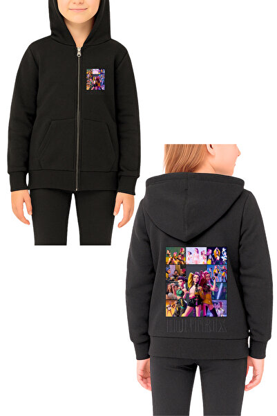 MECH BUTİK سترة كيبوب ديمون هانترز مطبوعة باللون الأسود للجنسين بسحاب وقلنسوة