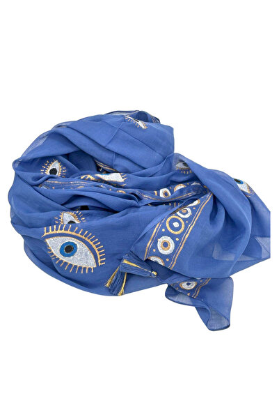 Ancient wisdom Esarfa Albastru Intens și Aur cu Design Ochiul Rău Pictat Manual